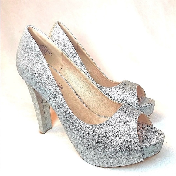De Blossom Collection Heel Silver Sparkle Peep Toe Carina-102 - Picture 2 of 16